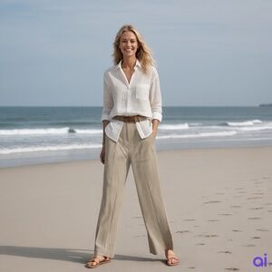 90s ELLEN TRACY LINEN NEUTRAL TAN WIDE LEG FLAT FRONT PANTS MINIMALIST SZ 16